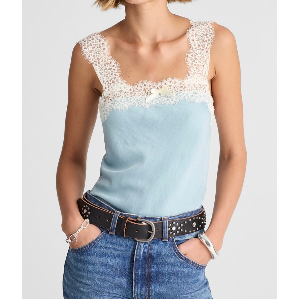 Alexa Chung x Madewell Blue Satin Lace Trim Camisole Tank Top Bow Size M A127